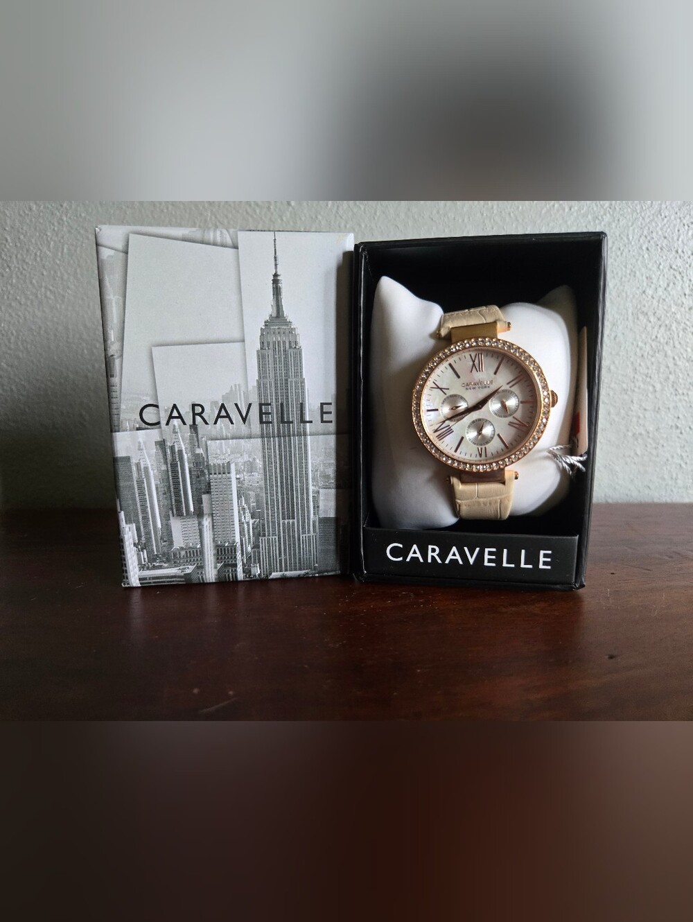 Caravelle New York Women’s Crystal Rose Gold Watch Beige Leather Band w/ Box